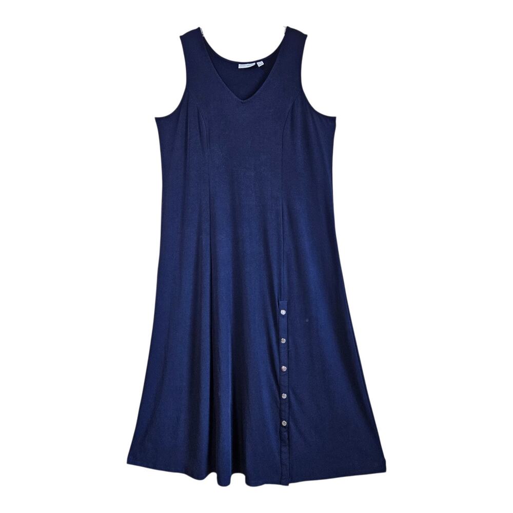 SUSAN GRAVER Women's XL Maxi Dress Navy Sleeveless Snaps Liquid Knit Bust 44
